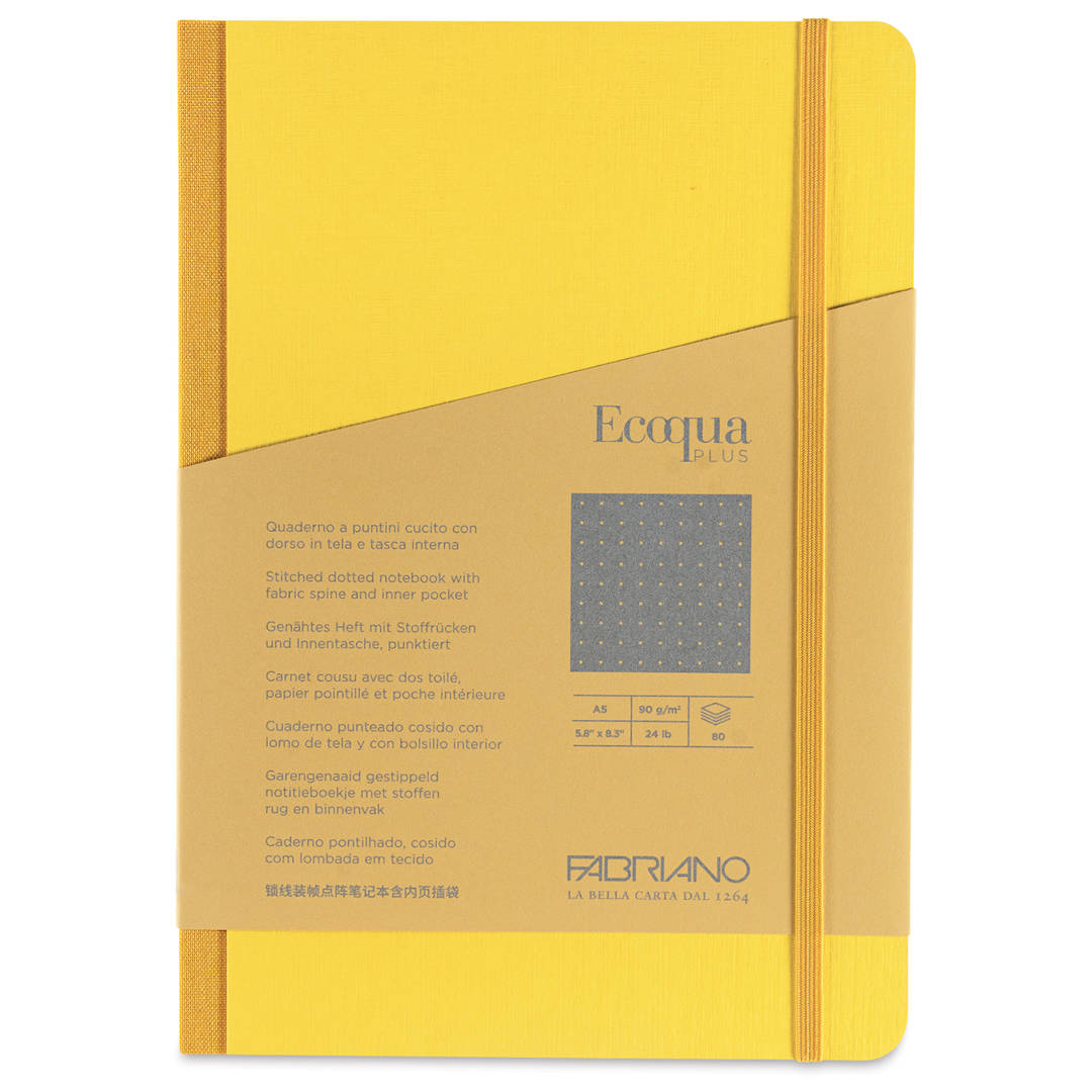 Open in modal - Fabriano Ecoqua Plus Fabric-Bound Notebook - Yellow, 5-4/5" x 8-1/4", Dot Grid, front cover