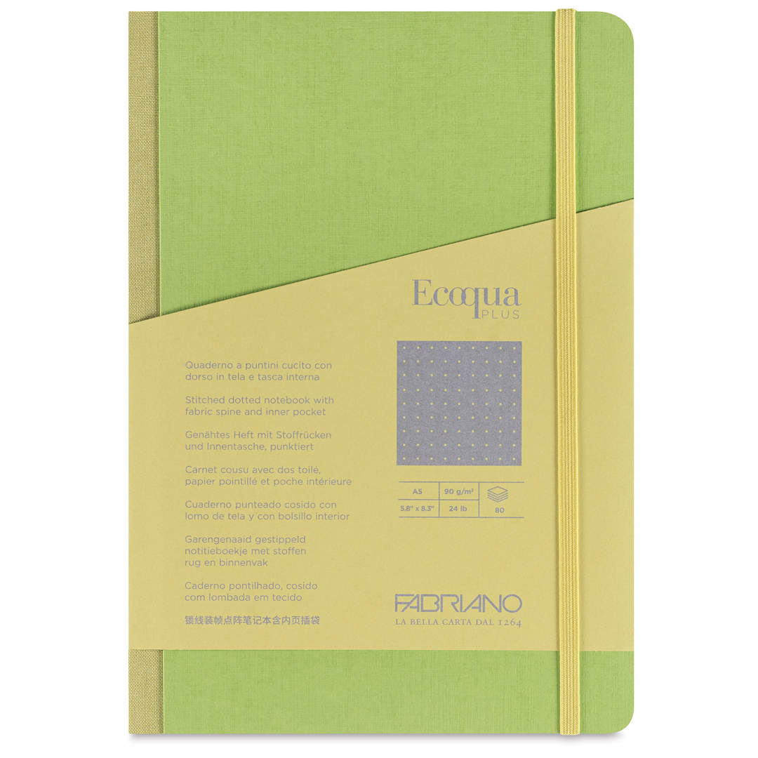 Open in modal - Fabriano Ecoqua Plus Fabric-Bound Notebook - Lime, 5-4/5" x 8-1/4", Dot Grid, front cover