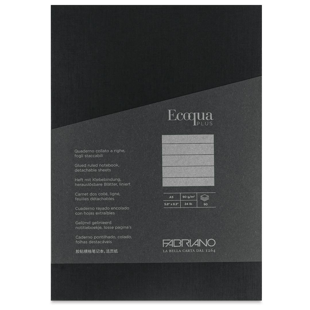 Open in modal - Fabriano Ecoqua Plus Glue-Bound Notebook - Black, 5-4/5" x 8-1/4", Lined, front cover