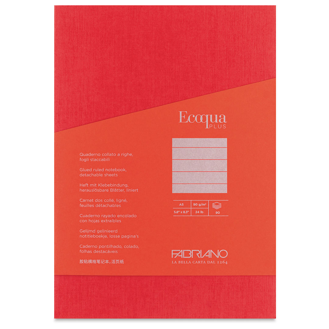 Open in modal - Fabriano Ecoqua Plus Glue-Bound Notebook - Red, 5-4/5" x 8-1/4", Lined, front cover