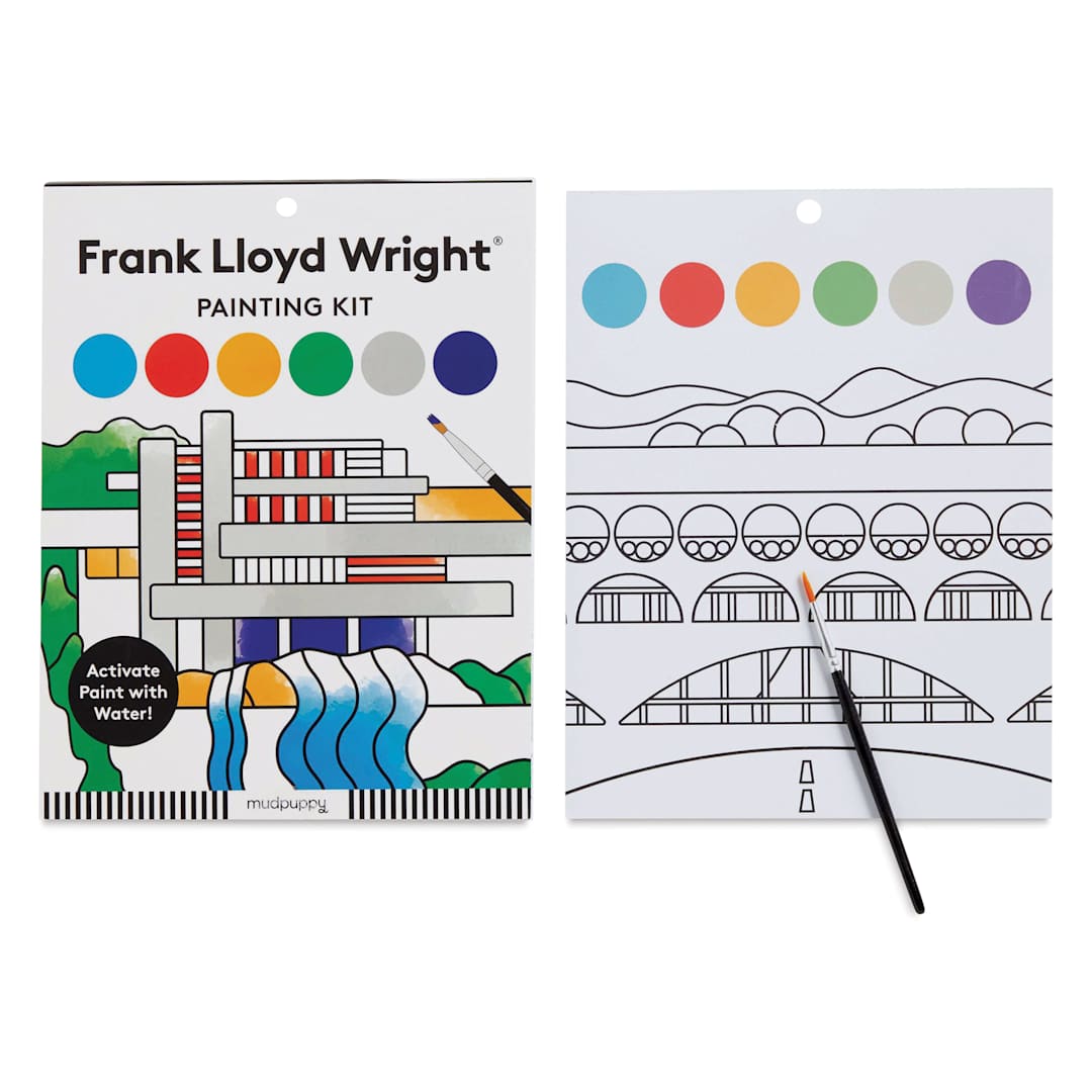 Open in modal - Mudpuppy Watercolor Paint-In Kit - Frank Lloyd Wright, front of packaging and open kit