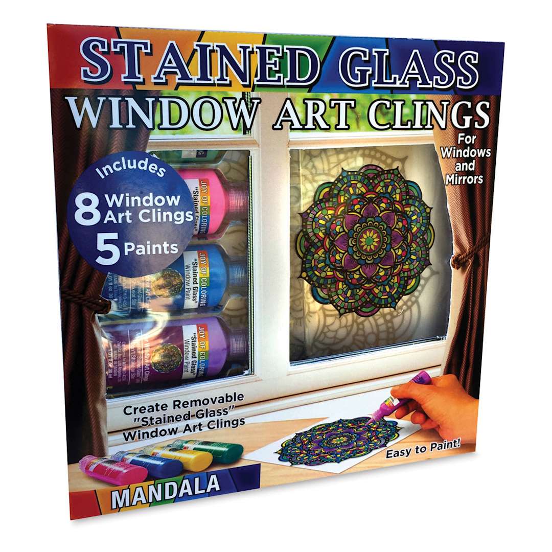 Open in modal - Joy of Coloring Stain Glass Window Art Cling Kit - Angled view of package