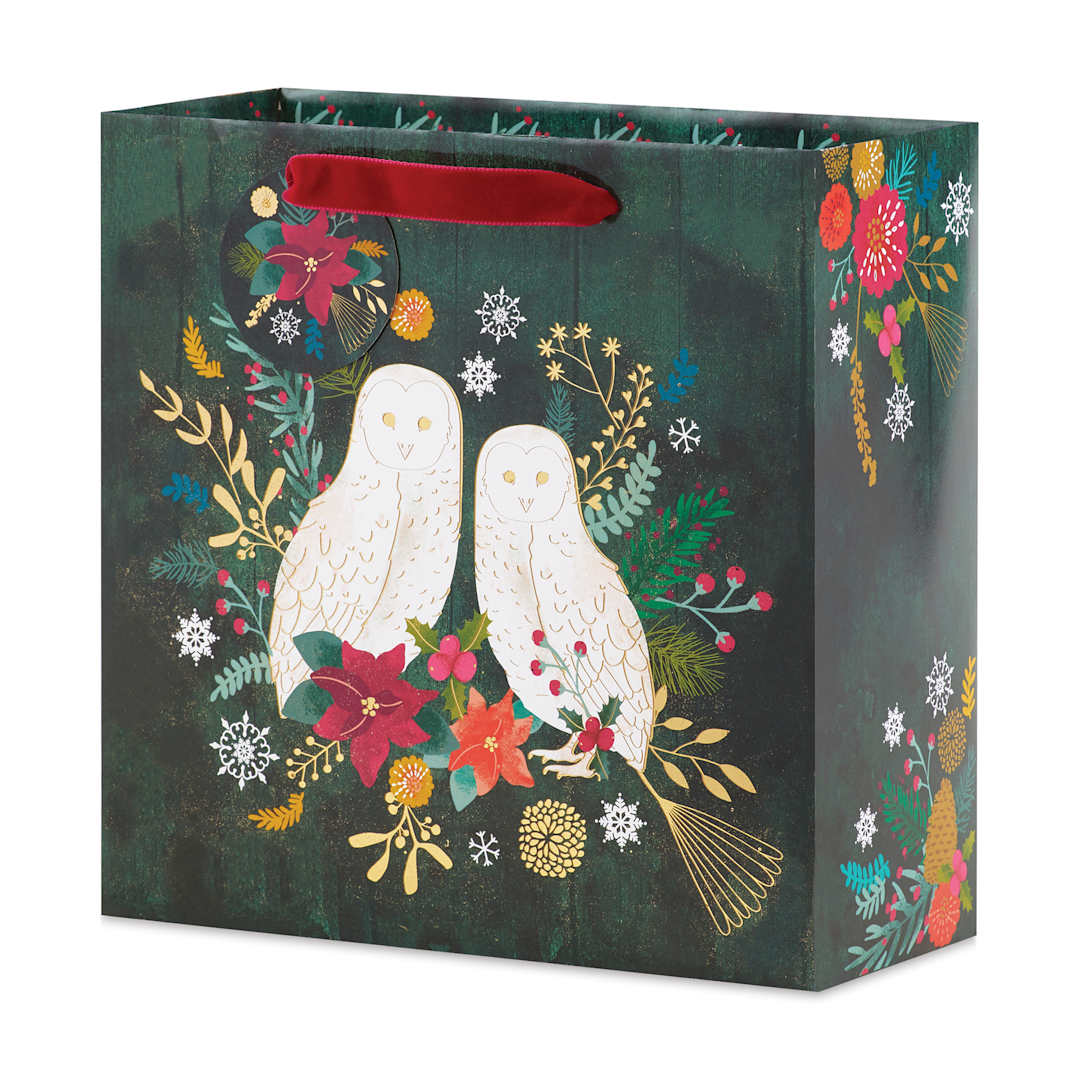 Open in modal - The Gift Wrap Company Gift Bag - Snow Owls (front of bag, angled view)
