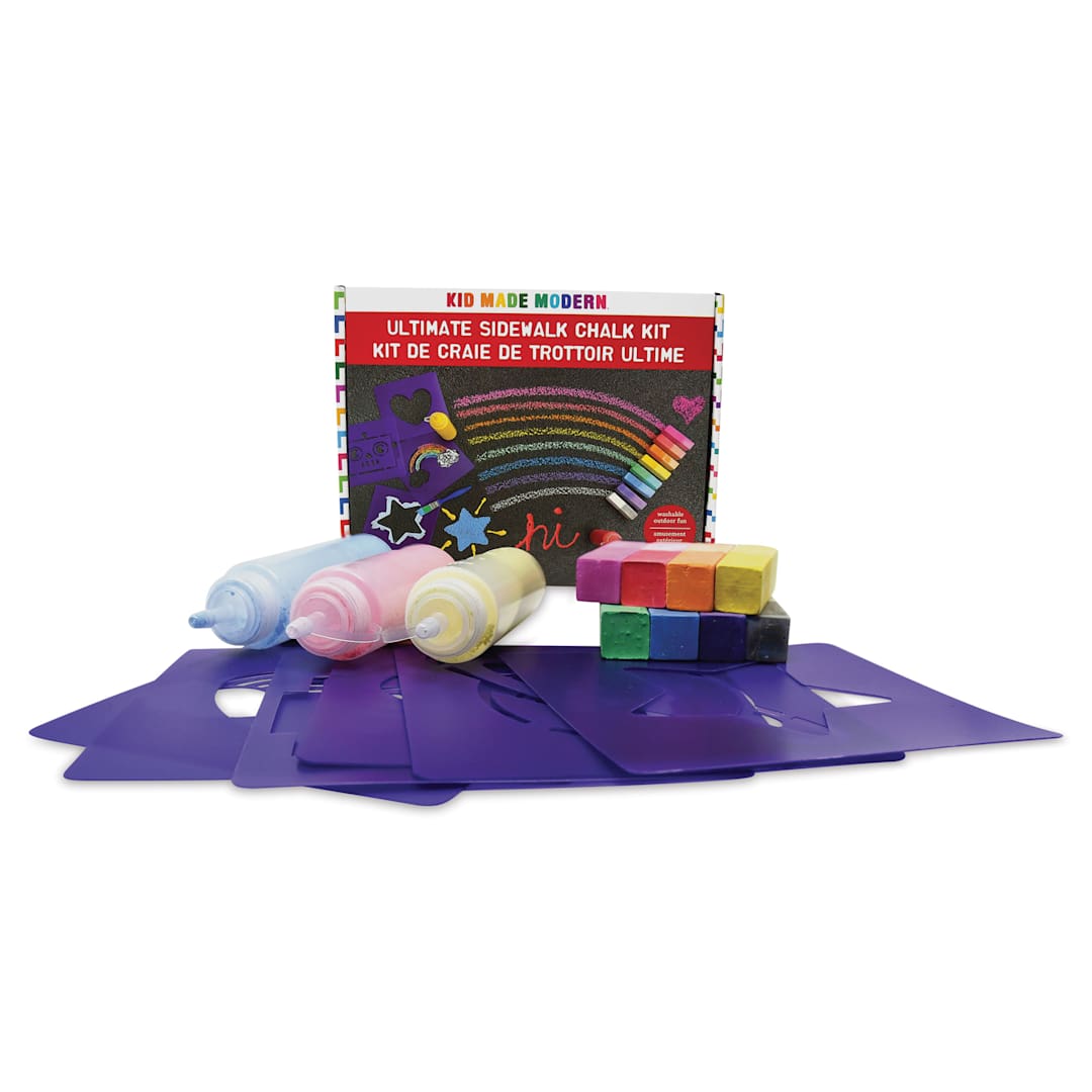Open in modal - Kid Made Modern Ultimate Sidewalk Chalk Kit, contents laid out in front of the packaging. 