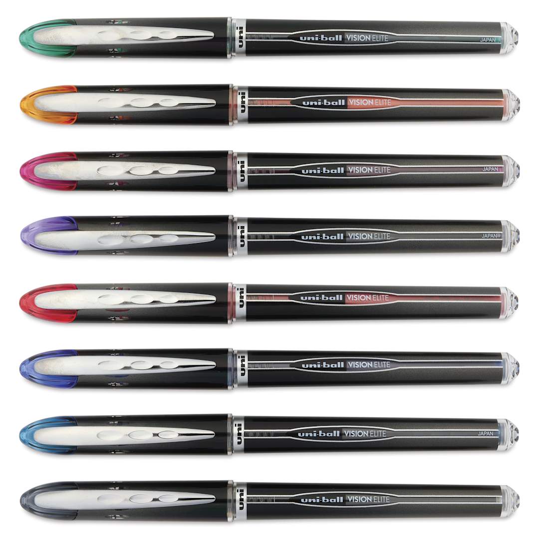 Open in modal - Uni-Ball Vision Elite Rollerball Pens - Micro Point, Set of 8, 0.5 mm, Assorted Colors - out of packaging