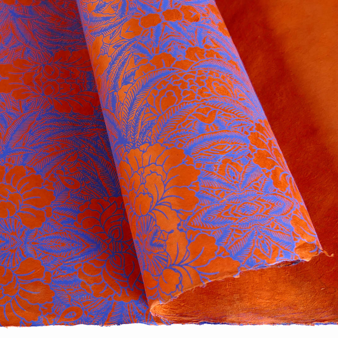 Open in modal - LAMALI Decorative Lokta Paper, 20 in x 30 in, Tropical, Red, Blue Silkscreen