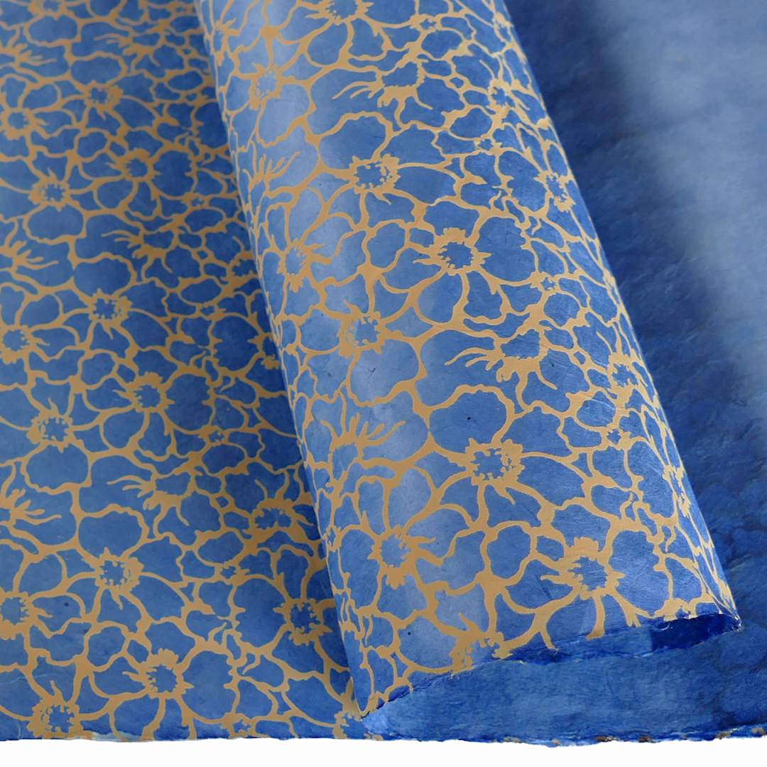 Open in modal - LAMALI Decorative Lokta Paper, 20 in x 30 in, Flowers, Blue, Cream Silkscreen