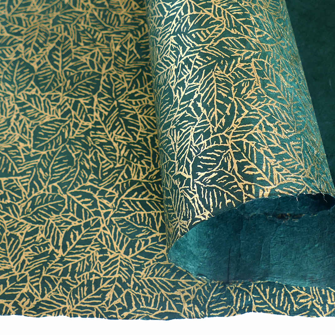Open in modal - LAMALI Decorative Lokta Paper, 20 in x 30 in, Foliage, Green, Gold Silkscreen