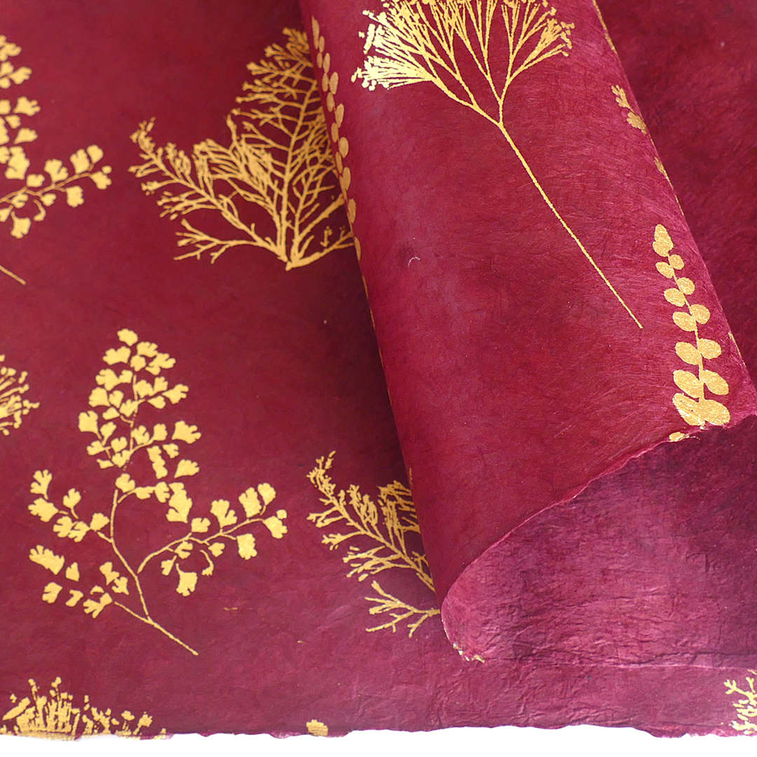 Open in modal - LAMALI Decorative Lokta Paper, 20 in x 30 in, Botanic, Burgundy, Gold Silkscreen