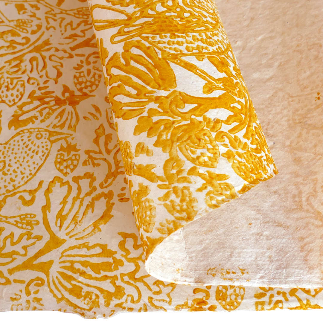 Open in modal - LAMALI Decorative Lokta Paper, 20 in x 30 in, Thrush & Strawberries, White, Yellow Silkscreen