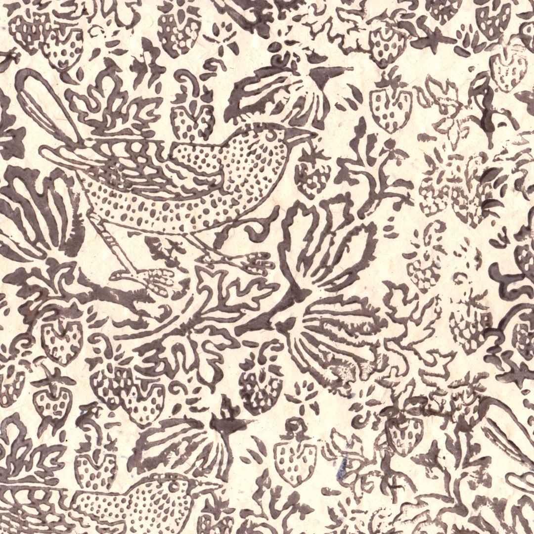 Open in modal - LAMALI Decorative Lokta Paper, 20 in x 30 in, Thrush & Strawberries, White, Taupe Silkscreen