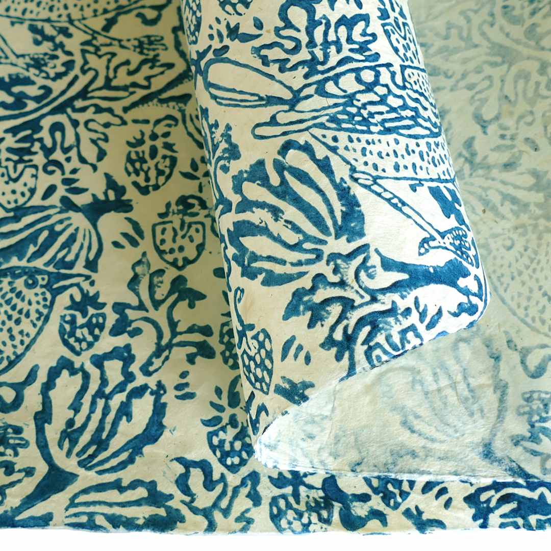 Open in modal - LAMALI Decorative Lokta Paper, 20 in x 30 in, Thrush & Strawberries, White, Blue Silkscreen