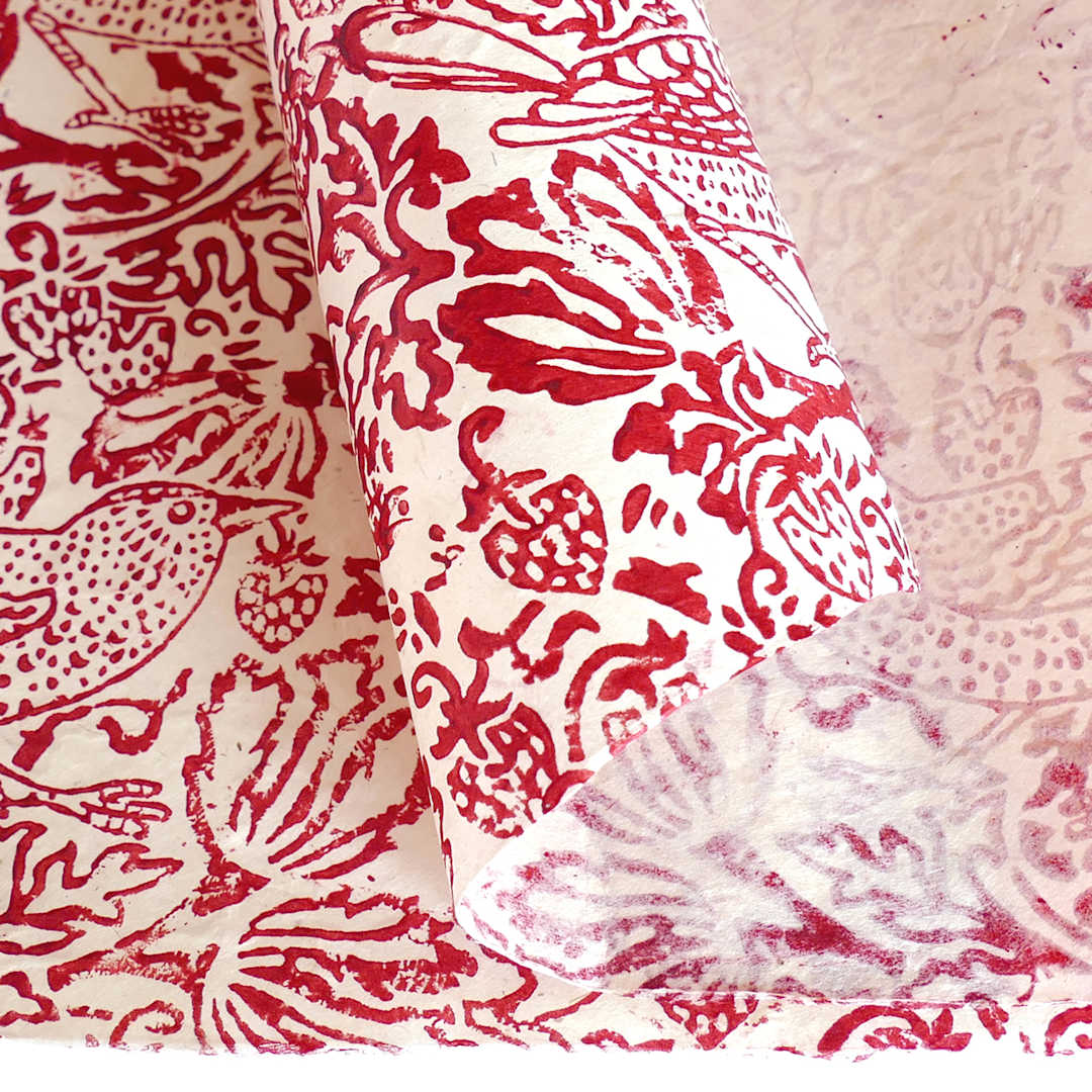 Open in modal - LAMALI Decorative Lokta Paper, 20 in x 30 in, Thrush & Strawberries, White, Red Silkscreen