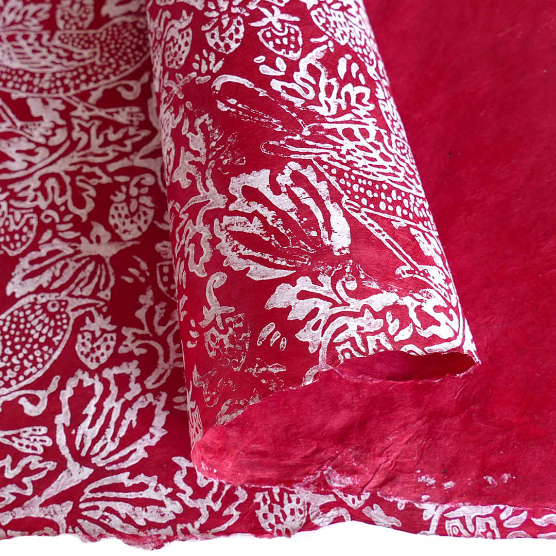 Open in modal - LAMALI Decorative Lokta Paper, 20 in x 30 in, Thrush & Strawberries, Sanguine, White Silkscreen