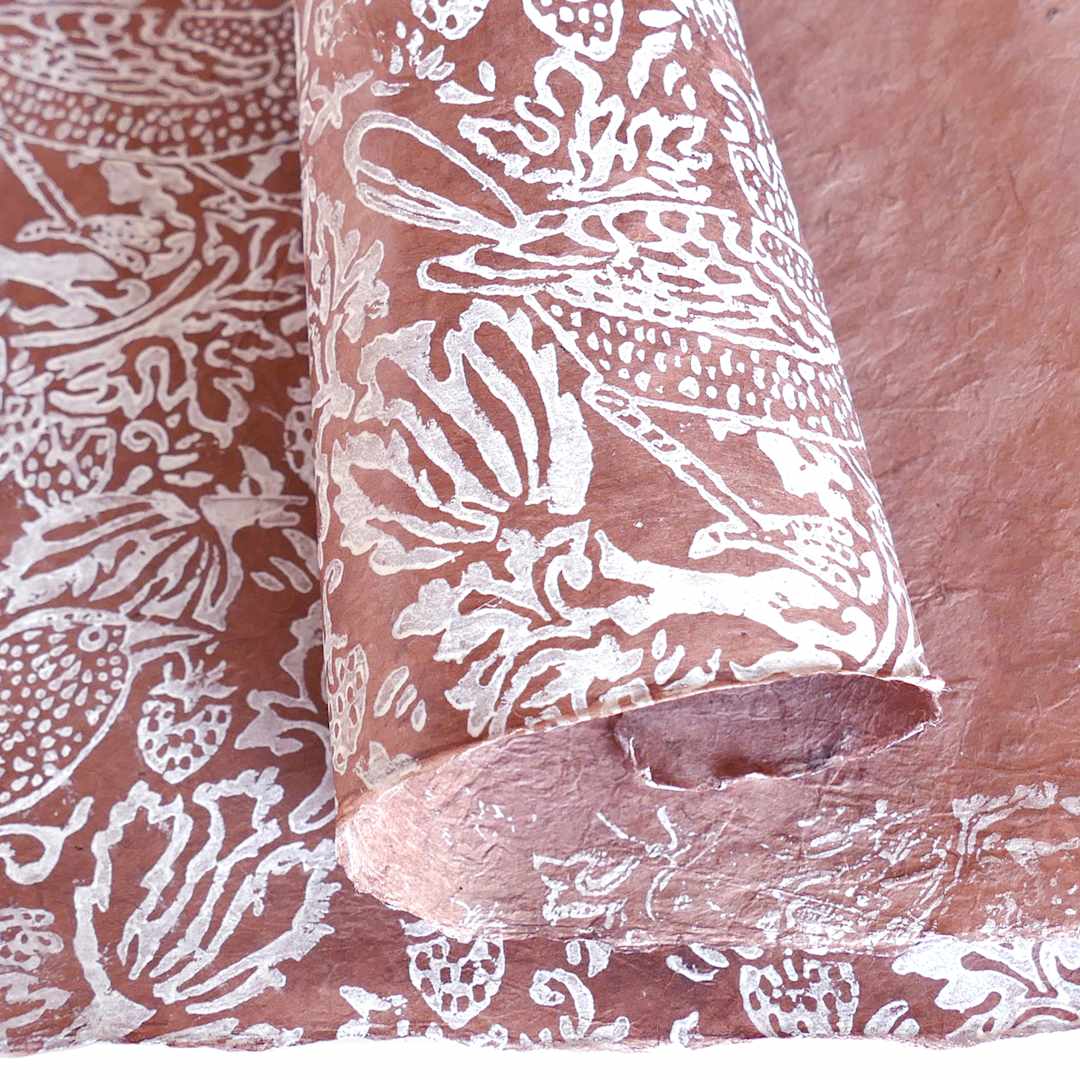 Open in modal - LAMALI Decorative Lokta Paper, 20 in x 30 in, Thrush & Strawberries, Sienna, White Silkscreen