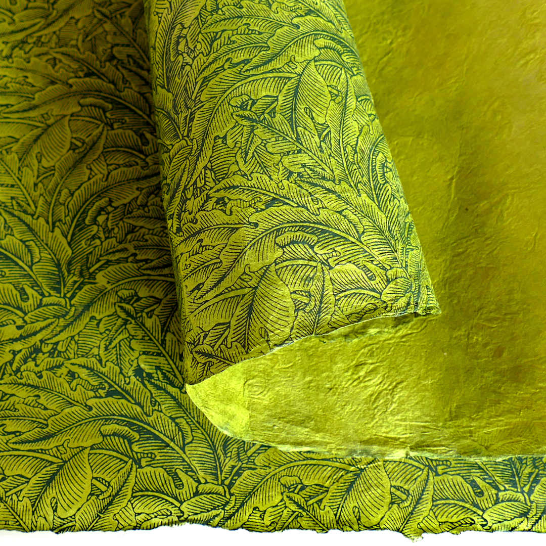 Open in modal - LAMALI Decorative Lokta Paper, 20 in x 30 in, Greenery Small, Yellow, Avocado Silkscreen