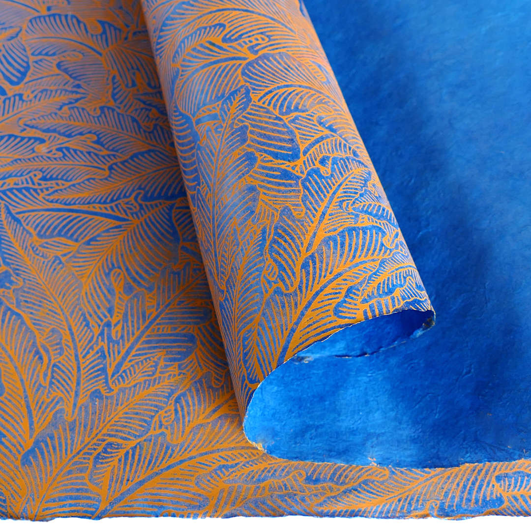 Open in modal - LAMALI Decorative Lokta Paper, 20 in x 30 in, Greenery Medium, Blue, Rust Silkscreen