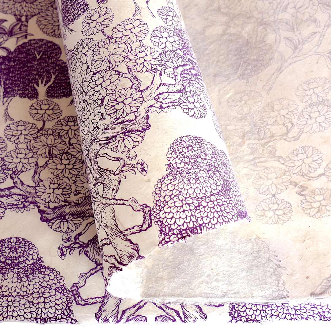 Open in modal - LAMALI Decorative Lokta Paper, 20 in x 30 in, Kongpo, White, Violet Silkscreen