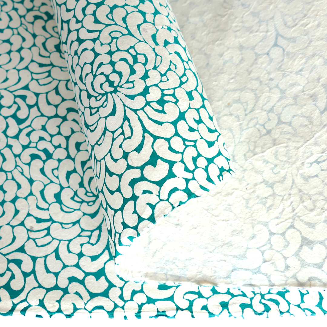 Open in modal - LAMALI Decorative Lokta Paper, 20 in x 30 in, Kikou, White, Emerald Silkscreen