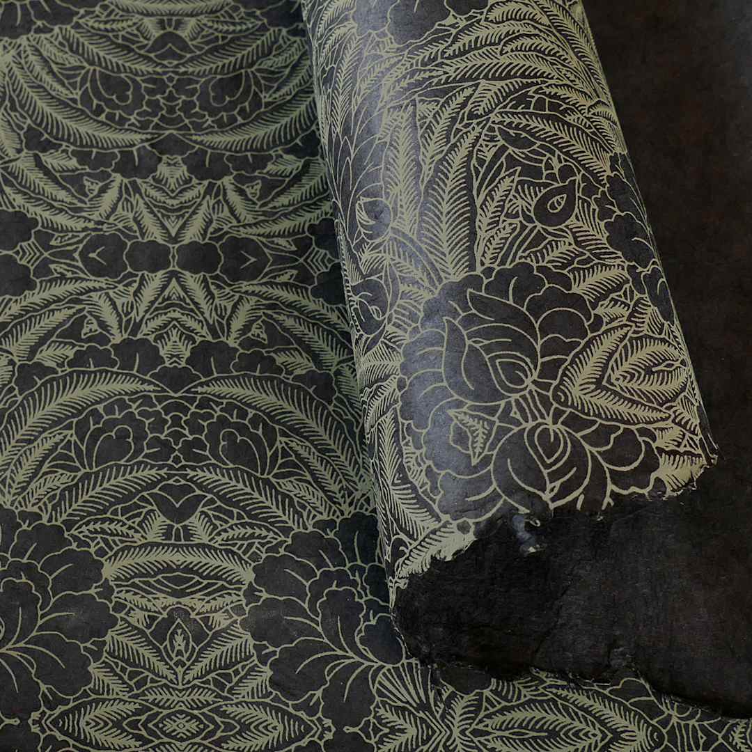 Open in modal - LAMALI Decorative Lokta Paper, 20 in x 30 in, Rhododendron, Black, Cream Silkscreen