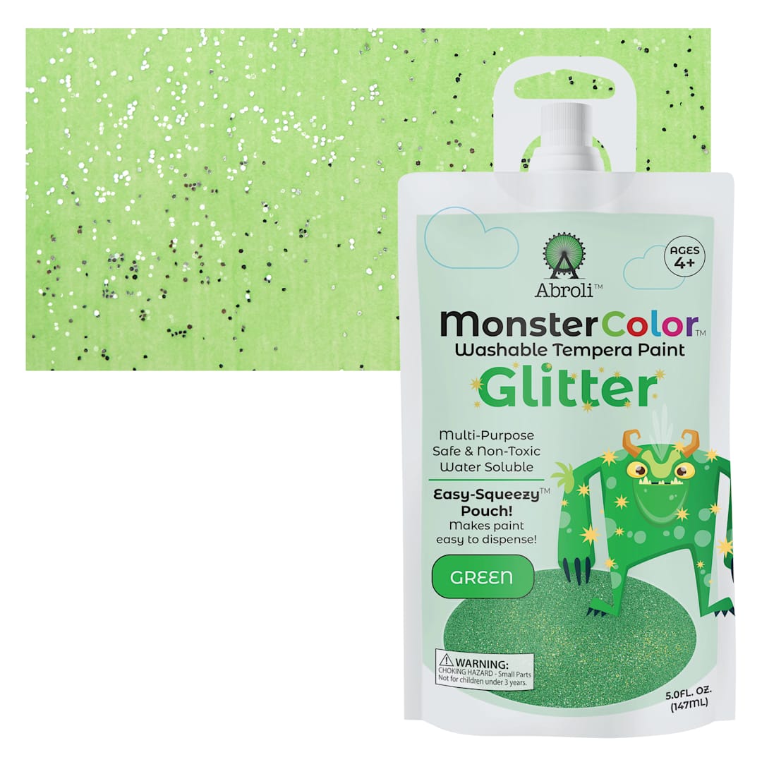 Open in modal - Abroli MonsterColor Washable Tempera Paint - Green Glitter, 5 oz Pouch and swatch