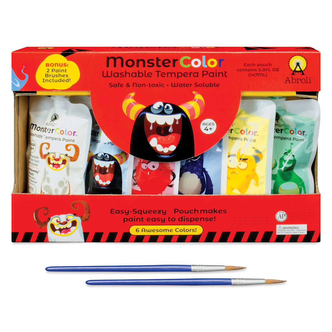 Open in modal - Abroli MonsterColor Washable Tempera Paint and Sets - Set of 8, Assorted, 2 brushes out of packaging