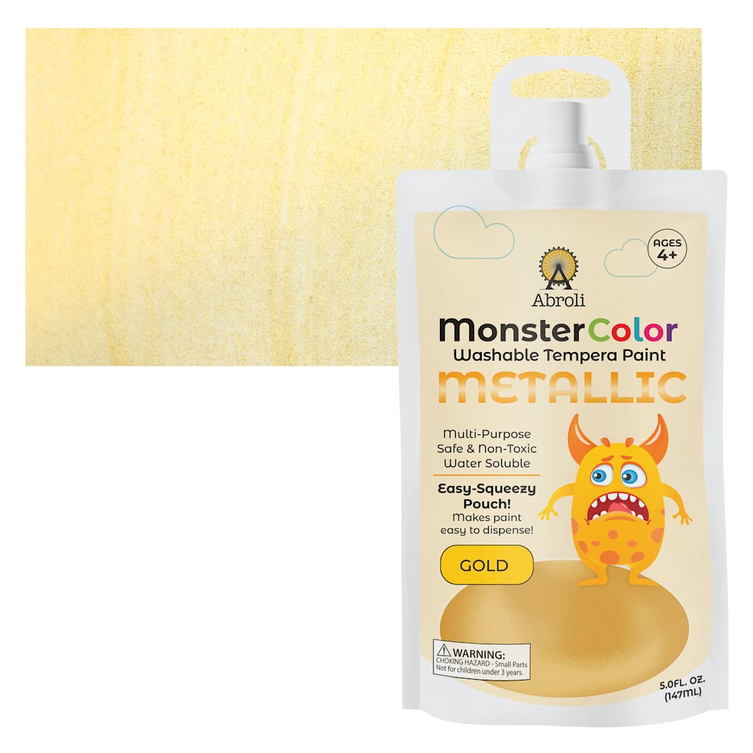 Open in modal - Abroli MonsterColor Washable Tempera Paint - Metallic Gold, 5 oz Pouch and swatch