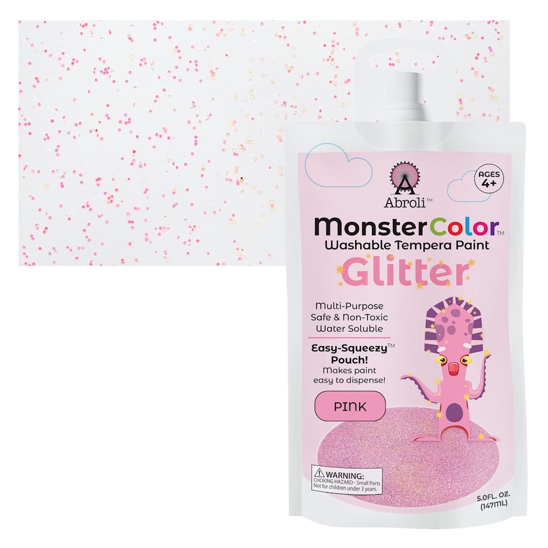 Open in modal - Abroli MonsterColor Washable Tempera Paint - Pink Glitter, 5 oz Pouch and swatch