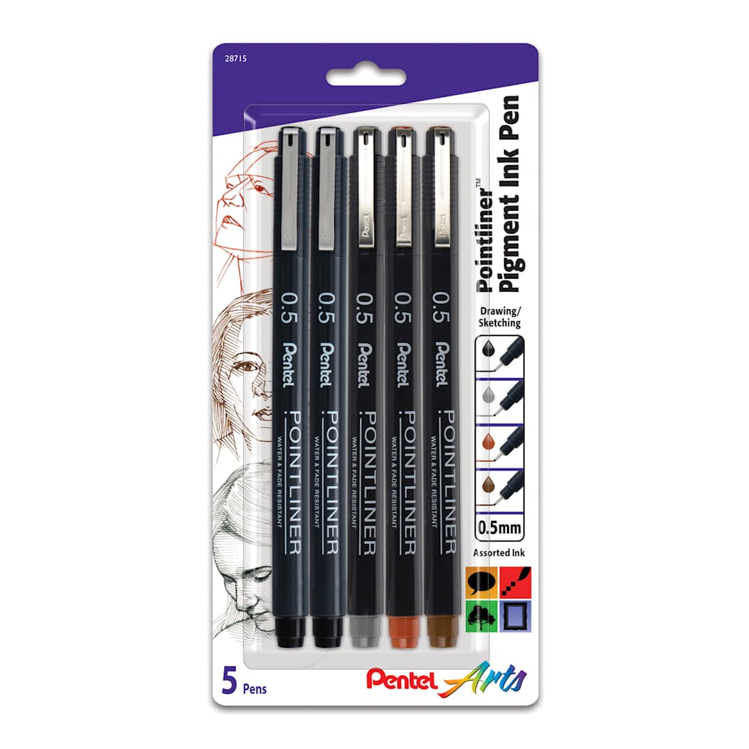 Open in modal - Pentel Arts Pointliner Pen Set 5-Pen Assorted Color Set - 2 Black, Grey, Sanguine, Sepia Ink