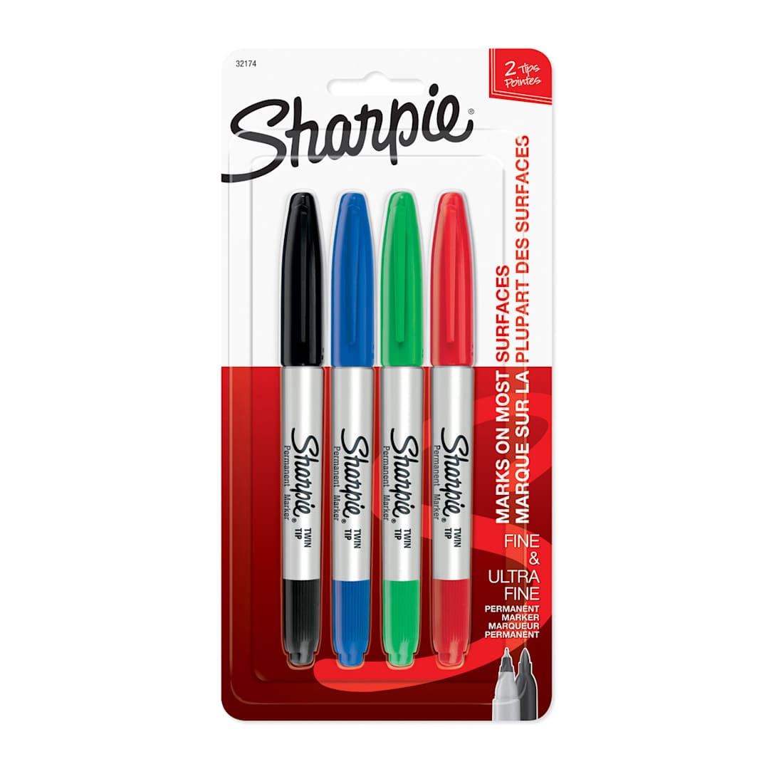 Open in modal - Sharpie Twin Tip Permanent Markers 4-Color Carded Set (Black, Blue, Green, Red)