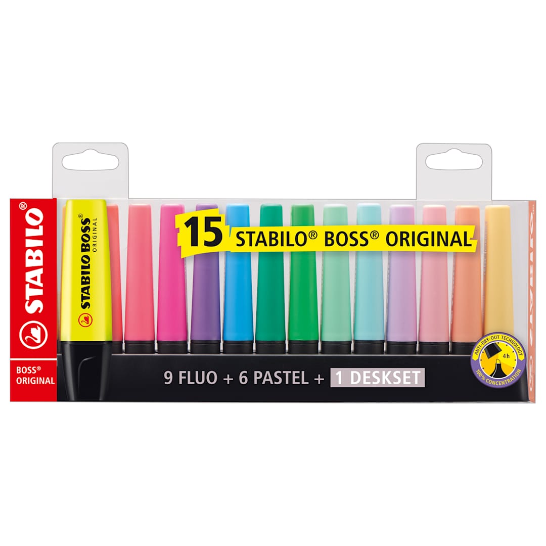Open in modal - BOSS ORIGINAL Highlighters Set 15-Color (9 Fluorescent & 6 Pastel) Desk Set