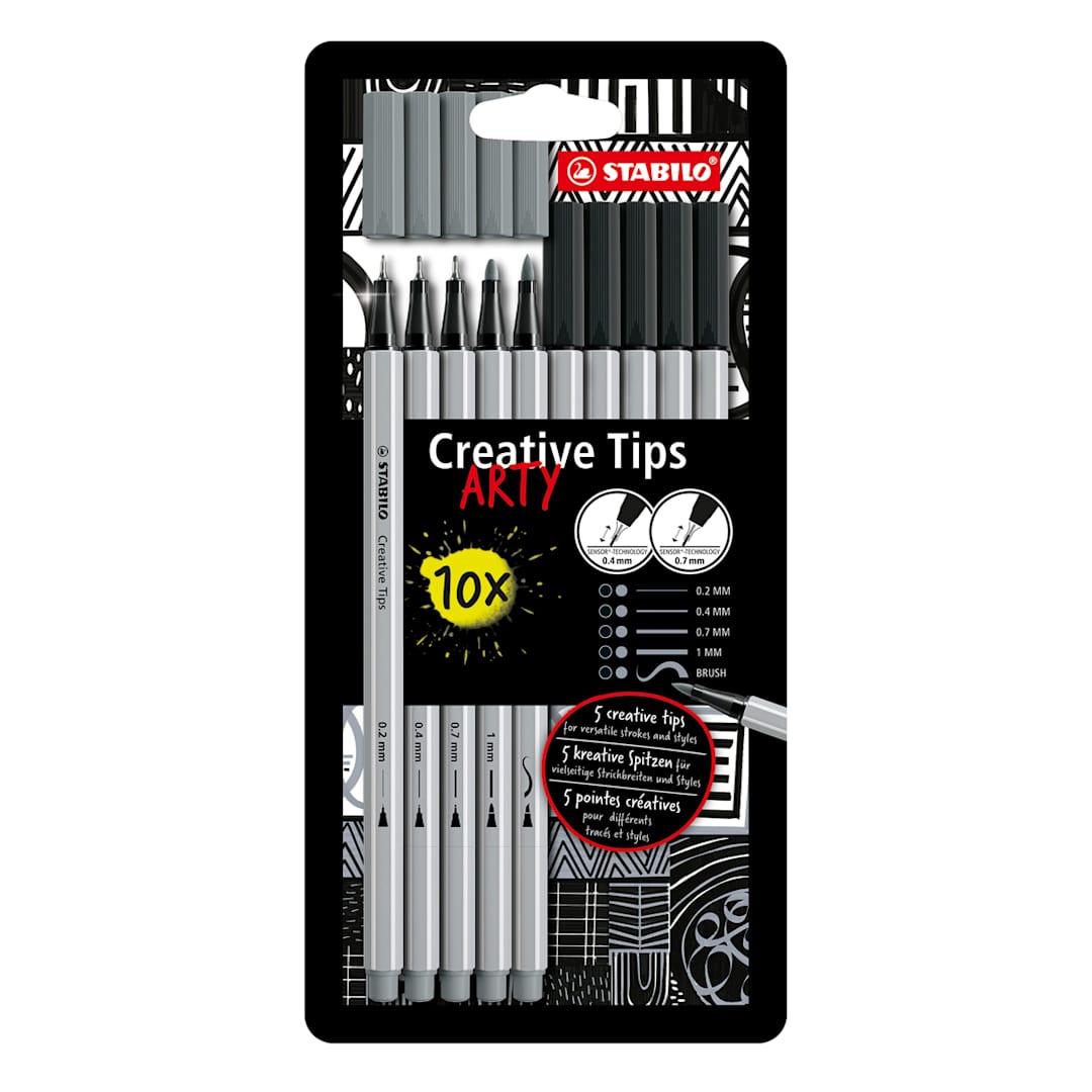 Open in modal - Multi-liner STABILO Creative Tips Sets 10-Piece ARTY Wallet Set - One each of Black and Medium Cold Grey fineliner in 0.2mm, 0.4mm, 0.7mm, 1mm and brush tips.