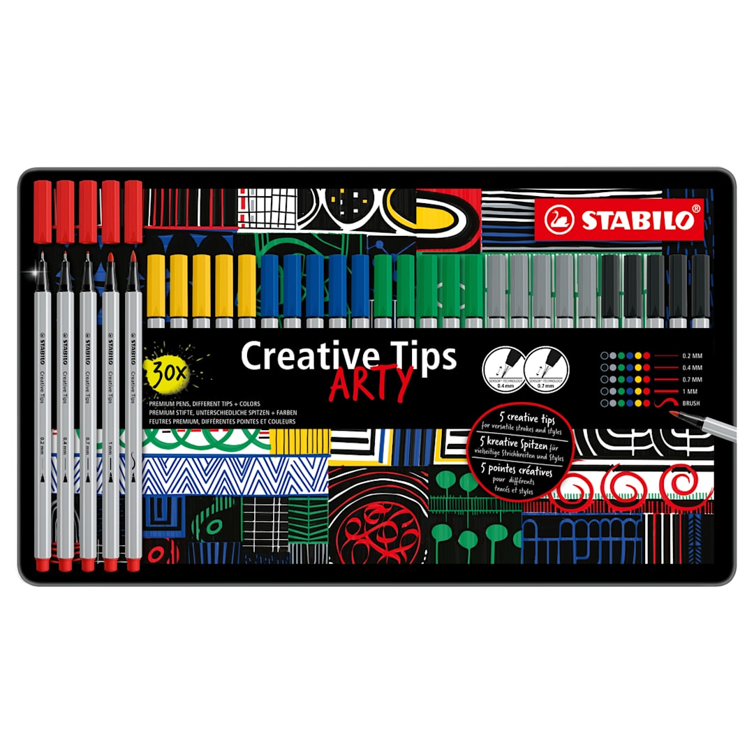 Open in modal - Multi-liner STABILO Creative Tips Sets 30-Piece ARTY Metal Tin Set - One each of Ultramarine, Green, Yellow, Black, Carmine and Medium Cold Grey fineliner in 0.2mm, 0.4mm, 0.7mm, 1mm and brush tips.