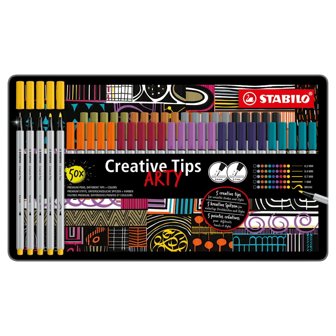 Open in modal - Multi-liner STABILO Creative Tips Sets 50-Piece ARTY Metal Tin Set - One each of Purple, Prussian Blue, Pale Vermillion, Mud Green, Yellow, Black, Turquoise Blue, Plum, Dark Ochre and Medium Cold Grey fineliner in 0.2mm, 0.4mm, 0.7mm, 1mm and brush tips.