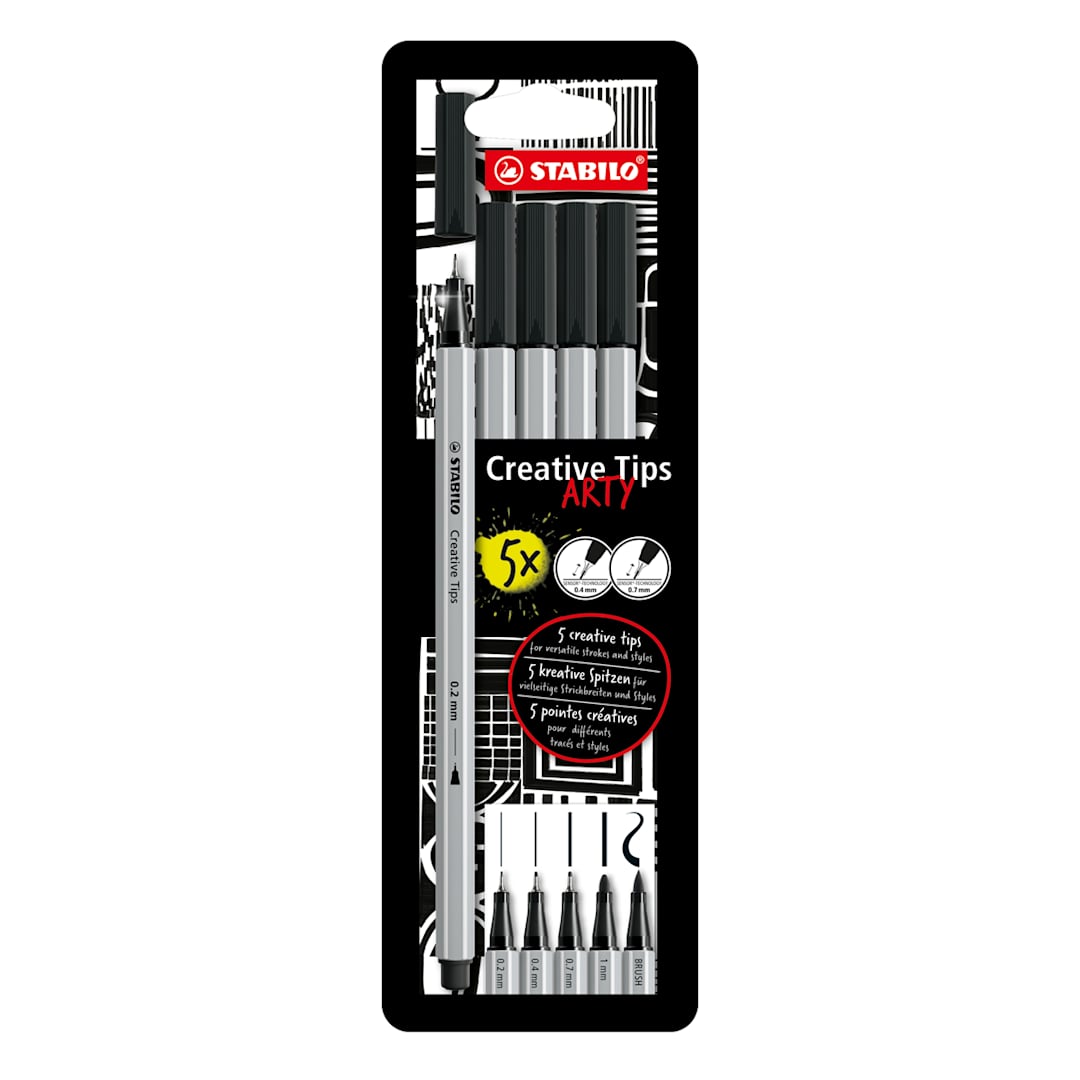 Open in modal - Multi-liner STABILO Creative Tips Sets 5-Piece ARTY Metal Tin Set - One each of Black fineliner in 0.2mm, 0.4mm, 0.7mm, 1mm and brush tips.
