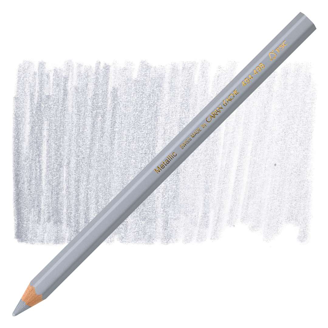 Open in modal - Caran d'Ache Colorblock Maxi Metallic Pencil - Silver pencil and swatch