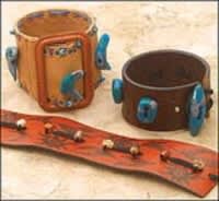 Open in modal - upcycled leather and turquoise cuffs