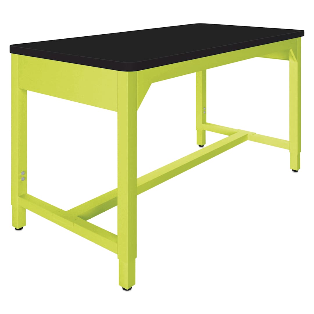Open in modal - Diversified Spaces Fab-Lab Workbench - High Pressure Laminate Black Top, Lime Frame, 60" x 30" - angled