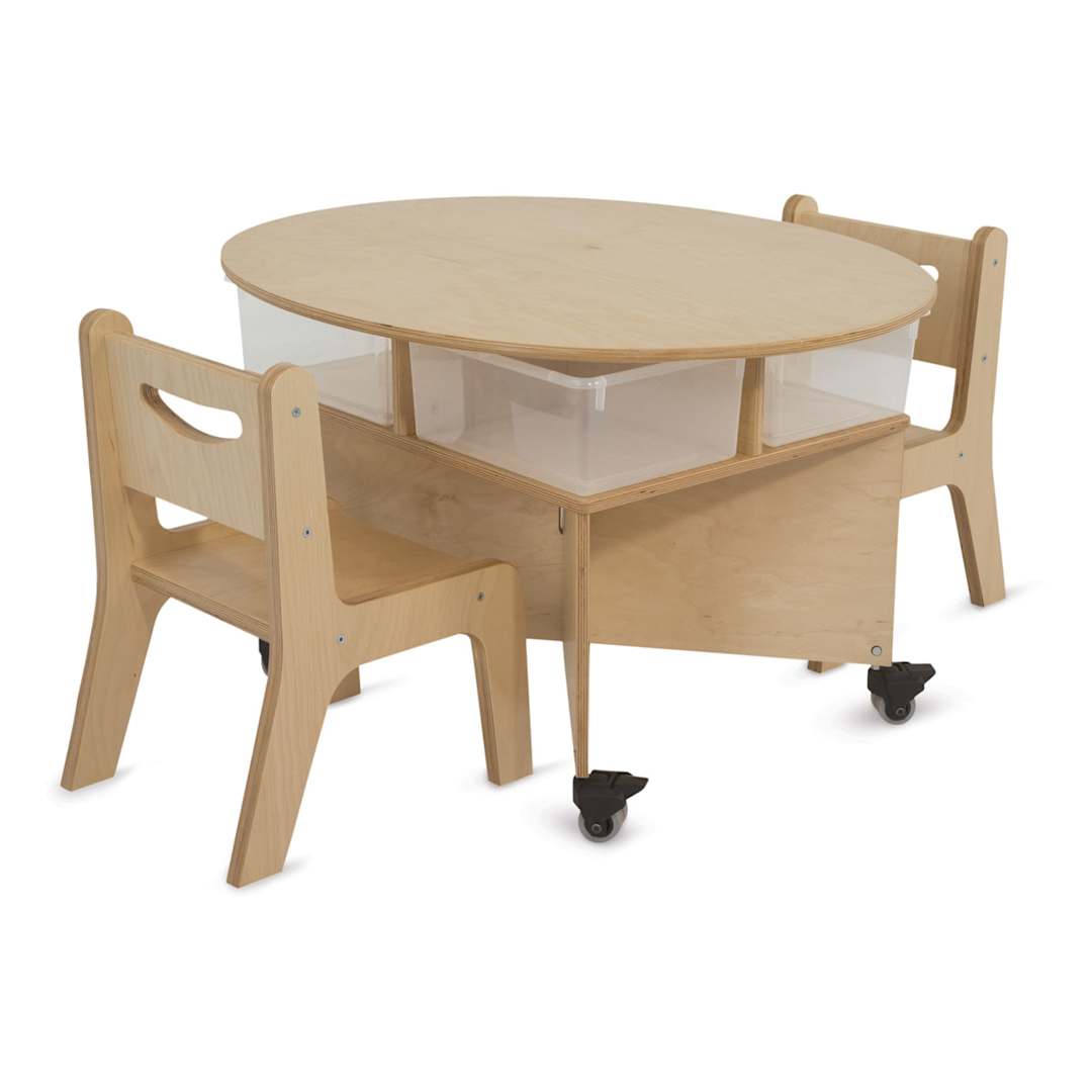 Open in modal - Whitney Brothers Mobile Collaboration Table - angled view showing wheels, shelf with storage bins 