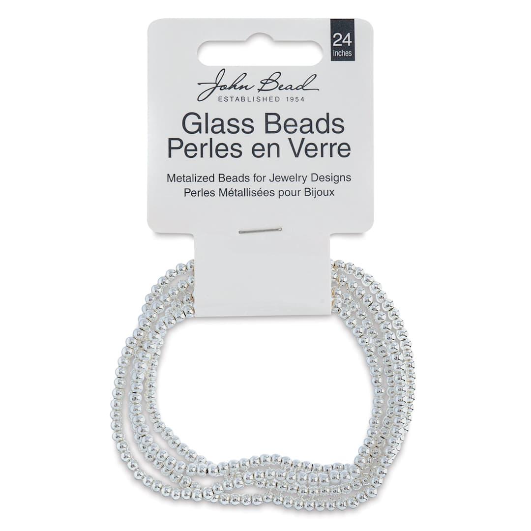 Open in modal - John Bead Metalized Glass Beads - 24" Silver 2 mm Strand in Hanging package