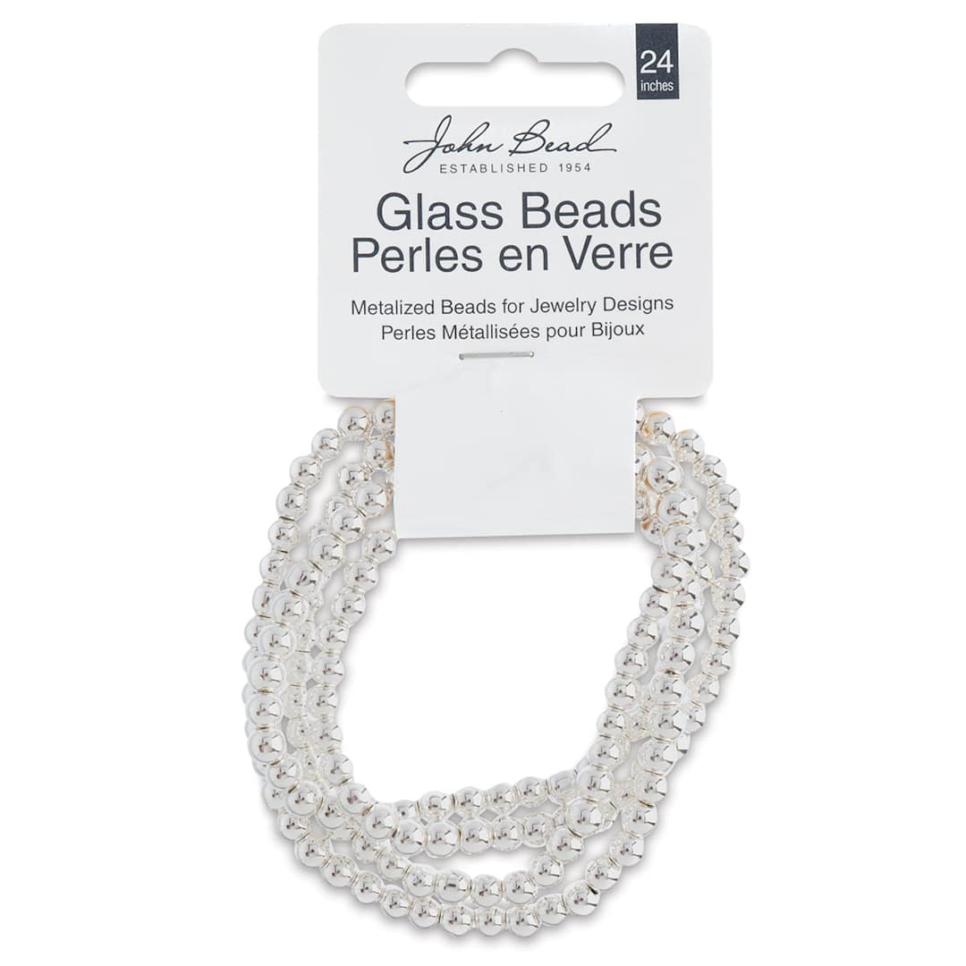 Open in modal - John Bead Metalized Glass Beads - 24" Silver 4 mm Strand in Hanging package