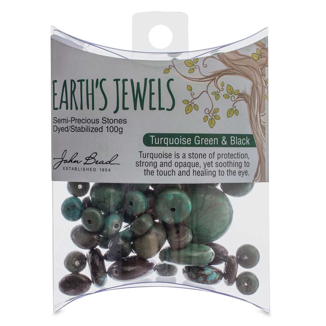 Open in modal - John Bead Earth's Jewels - Front view of package of dyed Green and Black Turquoise Beads