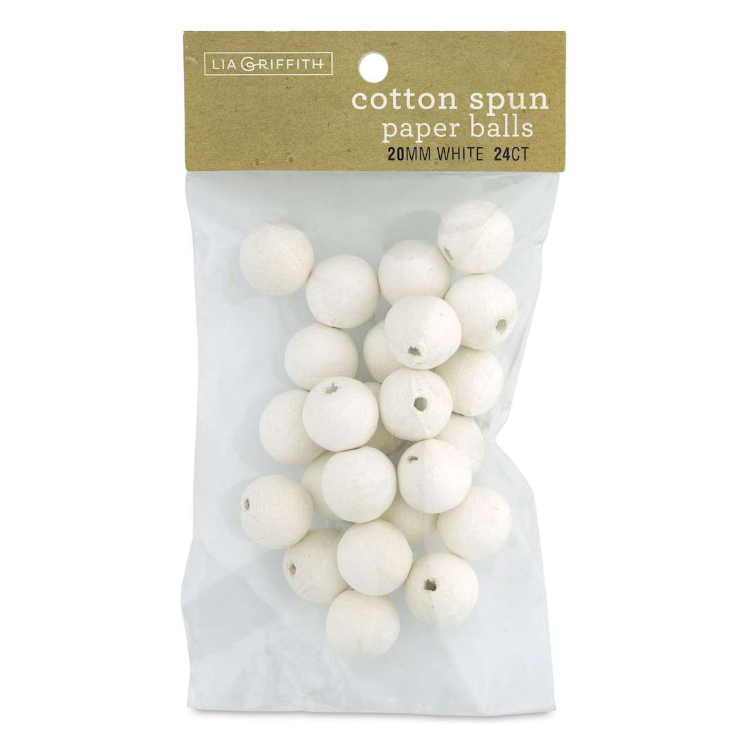 Open in modal - Lia Griffith Cotton Spun Paper Balls - White, 20 mm, Pkg of 24, front of the packaging