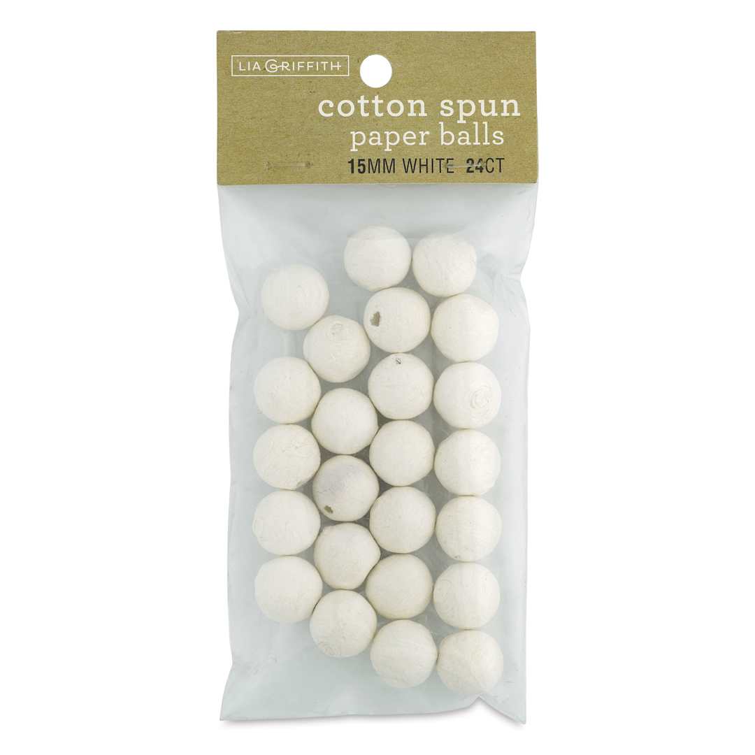 Open in modal - Lia Griffith Cotton Spun Paper Balls - White, 15 mm, Pkg of 24, front of the packaging