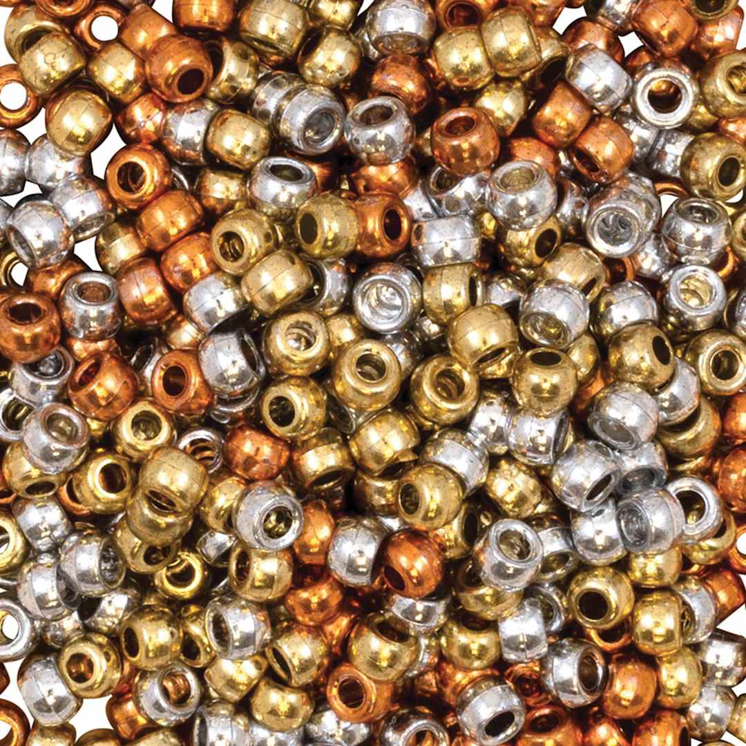 Open in modal - Creativity Street Plastic Pony Beads - Gold, Silver & Copper, Pkg of 500 - close-up of beads