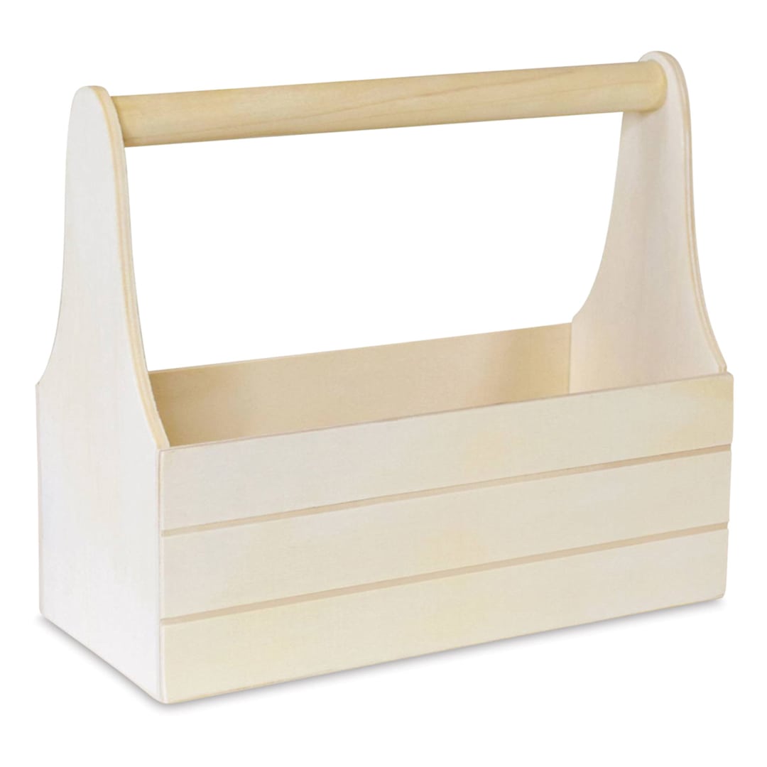 Open in modal - Craft Medley Unfinished Wood Toolbox - 7-1/2" L x 3-2/5" W x 6-1/2" H - side view, angled