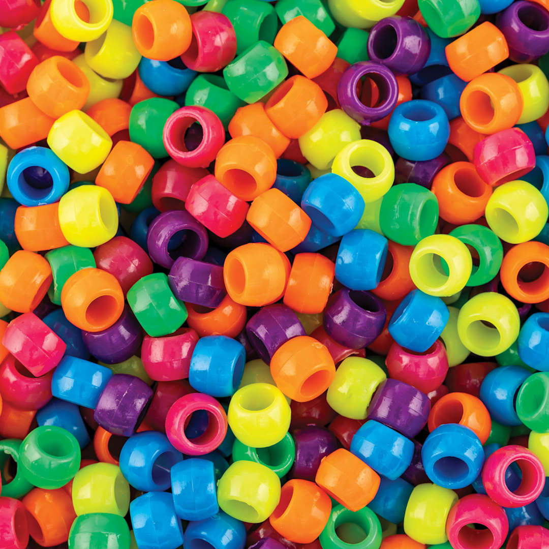Open in modal - Essentials by Leisure Arts Pony Beads - Neon, Opaque, 6mm x 9mm, Package of 750 (Close-up of beads)