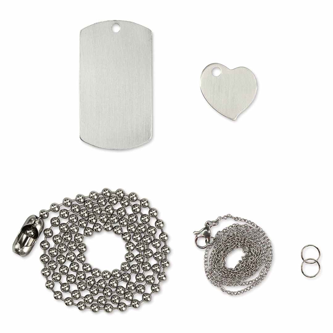 Open in modal - ImpressArt Stamp It Yourself Necklace Kit - Dog Tag and Heart, contents laid out