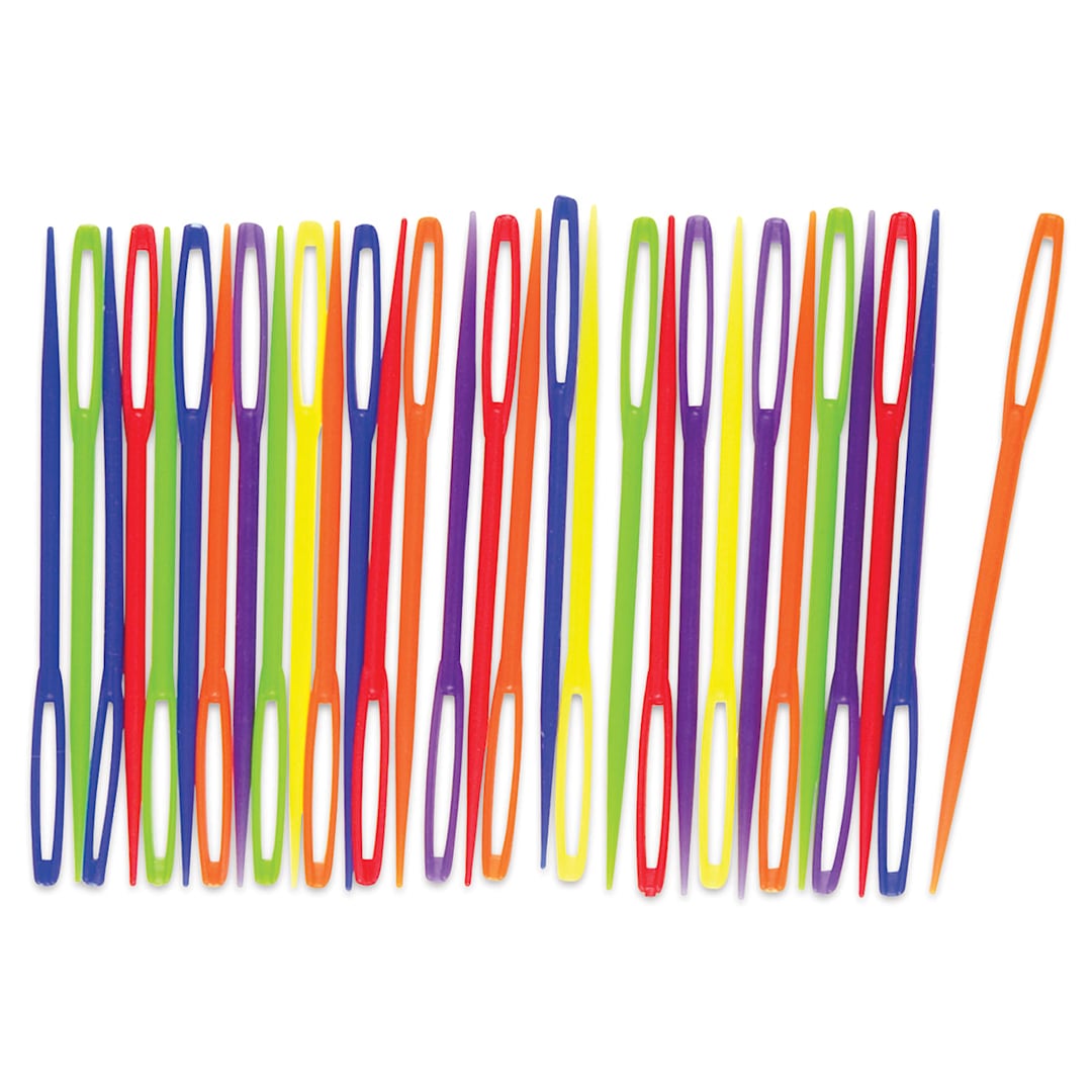 Open in modal - Roylco Plastic Lacing Needles - Row of several multicolor plastic needles upright