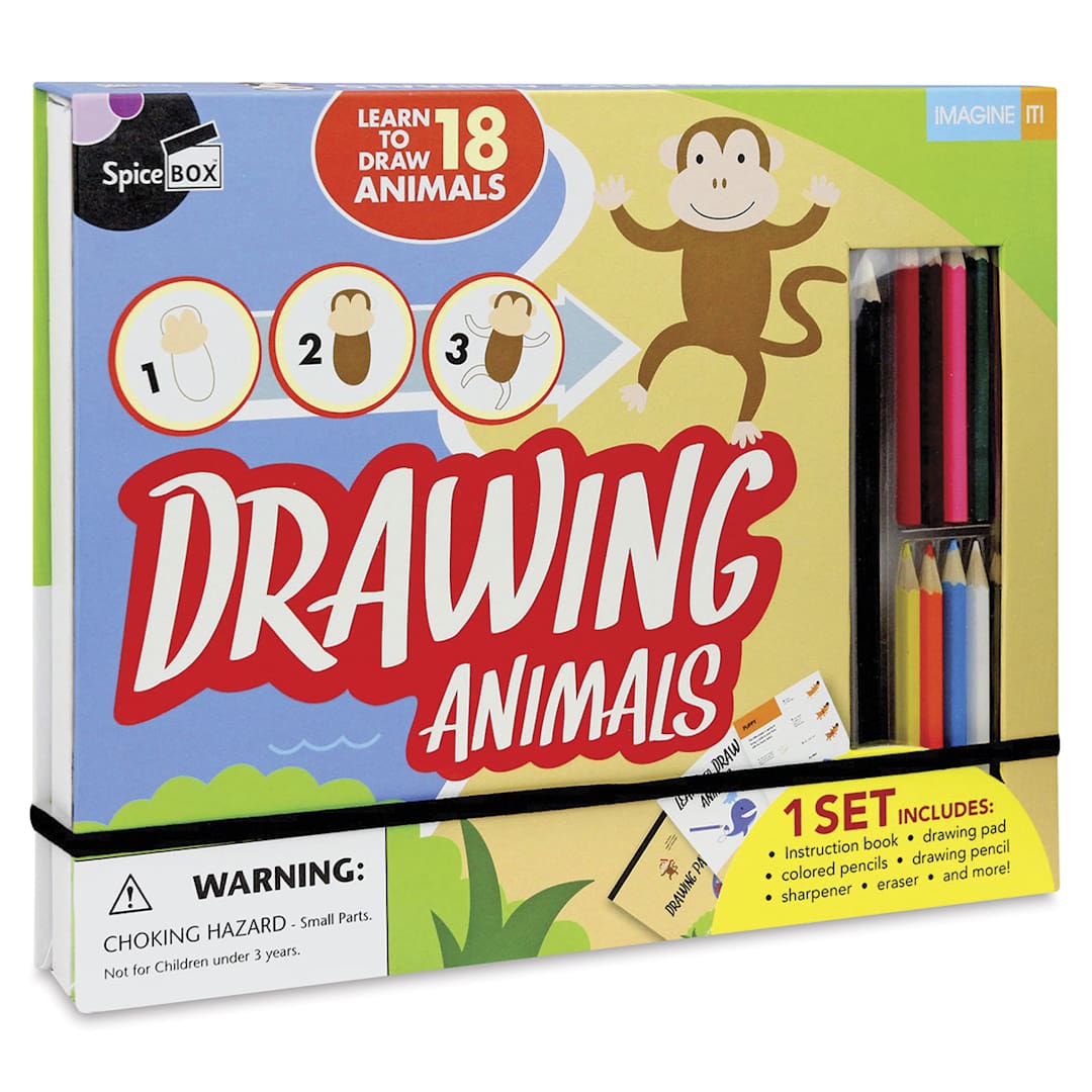 Open in modal - Spicebox Imagine It Drawing Animals Kit - Front of package
